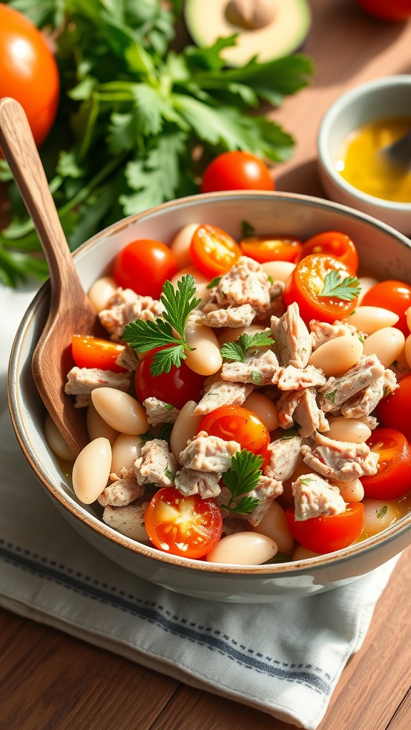 Refreshing Tuna and White Bean Salad Recipe A fresh tuna and white bean salad in a bowl, with tuna, white beans, cherry tomatoes, and parsley.
